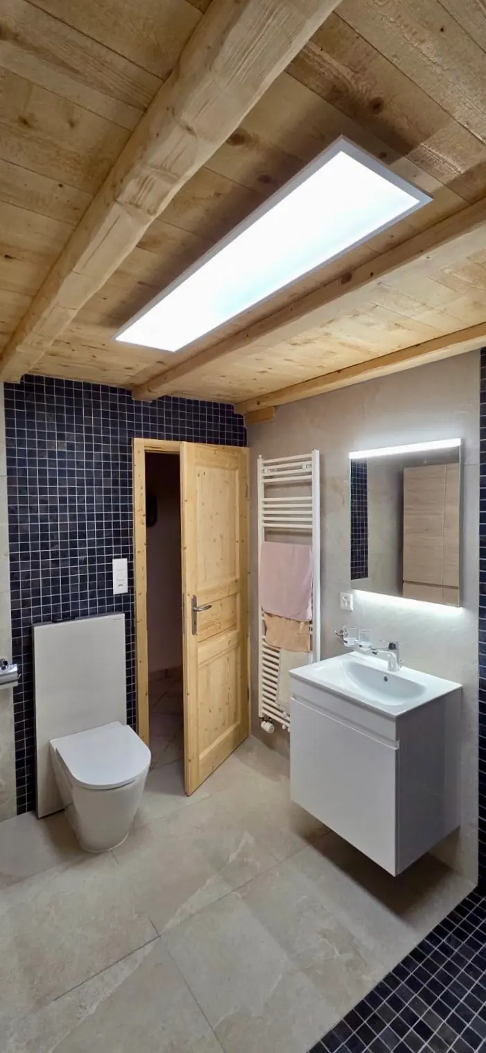 Salle de bain rénovée à Payerne alliant modernité et bois : plafond avec poutres apparentes, porte en pin et murs en mosaïque